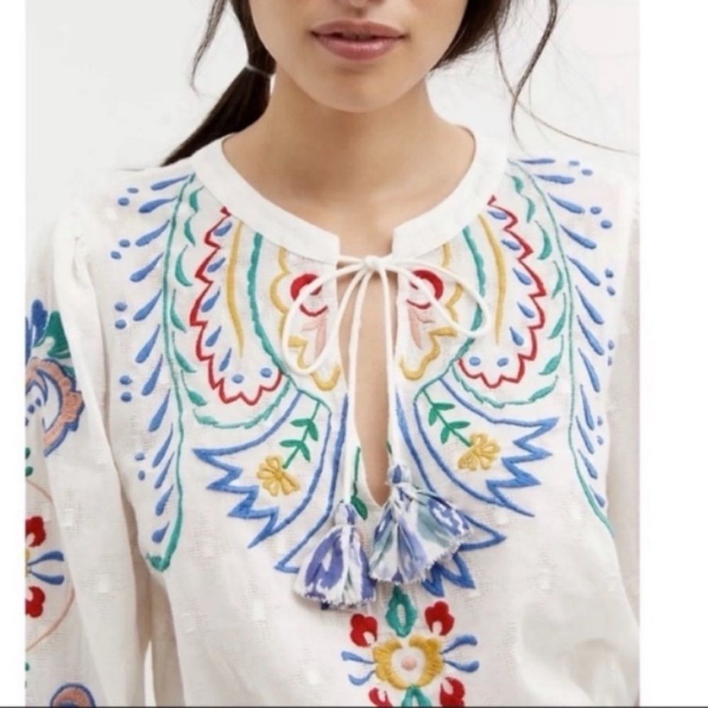 Anthropologie Forever That Girl Embroidered Peplum Peasant Blouse Top Medium - Picture 5 of 15